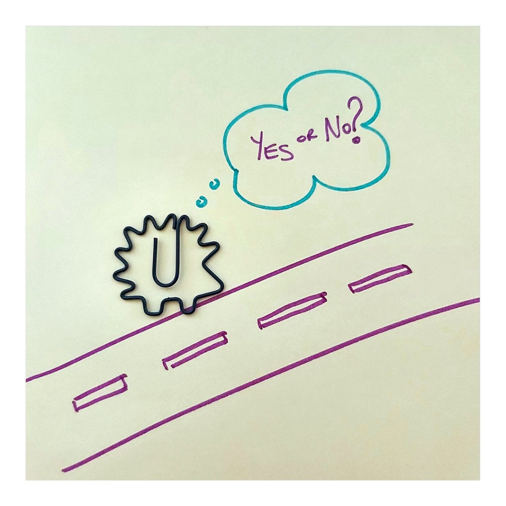 Doodle of a hedgehog paper clip deciding to cross the road. Visual metaphor for making decisions
